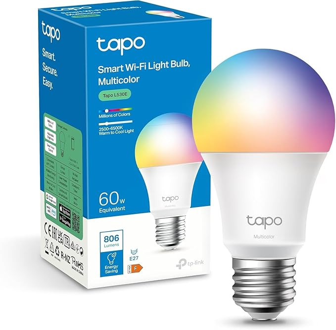 Tapo Ampoule Connectée Alexa E27, Multicolore LED Dimmable L530E, 1 pièce | Commande vocale Alexa/Google, aucun hub requis, mode absence anti-intrusion, programme & minuterie, 8.7W (équivalent 60W)