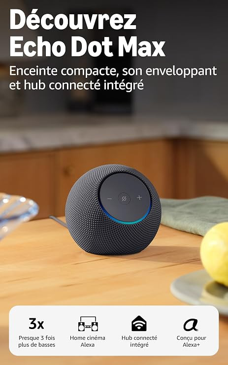 Amazon Echo Dot Max (nouvelle génération) : enceinte avec son qui emplit la pièce et hub connecté intégré, Graphite, avec accès anticipé à Alexa+